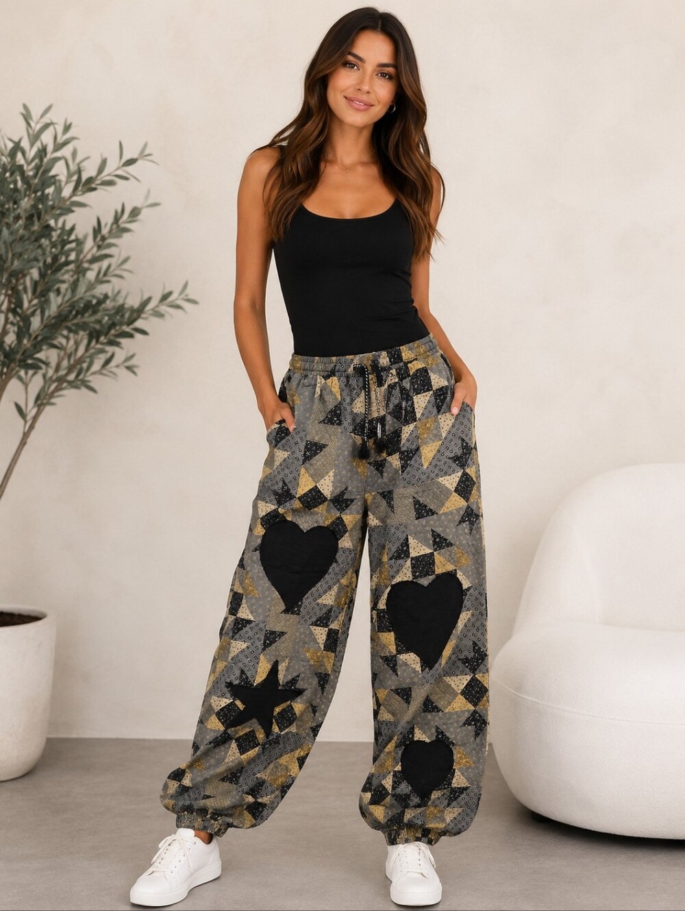 Ruri & Ruda Patchwork Heart Appliqué Harem Pants Boho Balloon Joggers NWT Large